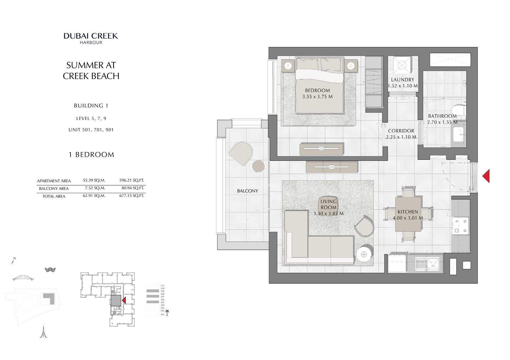 1 Br Building 1 level-5-7-9 Unit 501-701-901, Size 677 Sq FT